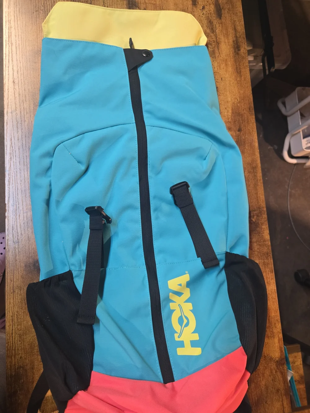 Hoka Colorblock Roll-Top Backpack in Yellow/Teal/Coral